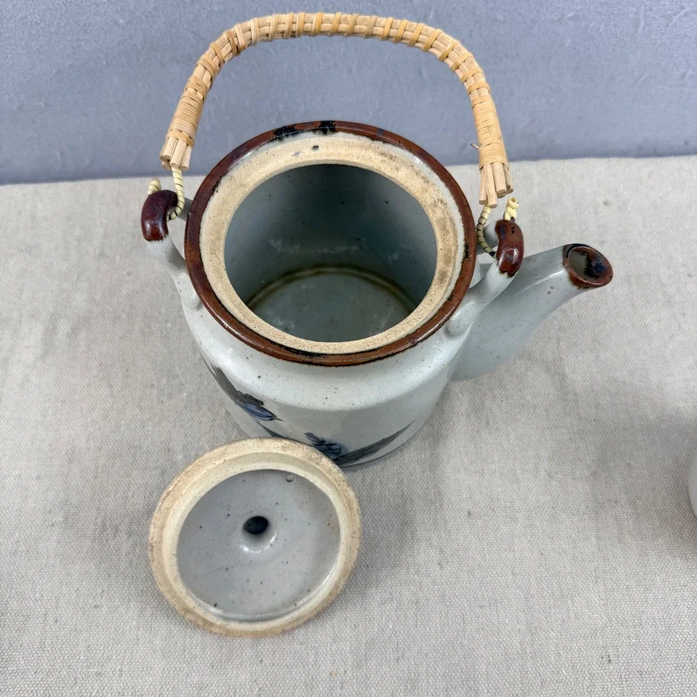 Vintage Tonala Mexican Pottery Tea Set Teapot 3 Cups Bird‎ Floral Burnished